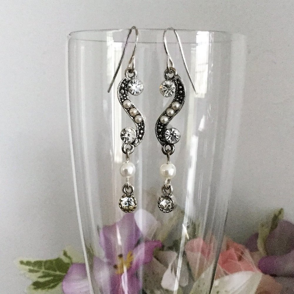 Silver Rhinestone Pearl Earrings - Picture 4 of 5